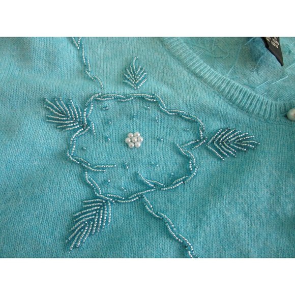 Lucky Brand Light Blue Beaded Cardigan Faux Pearl Button Wool Blend Ladies L EUC - Picture 5 of 16